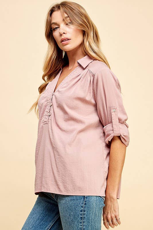 WOMEN BUTTON UP COLLARED V NECK BOHO LOOSE TOP