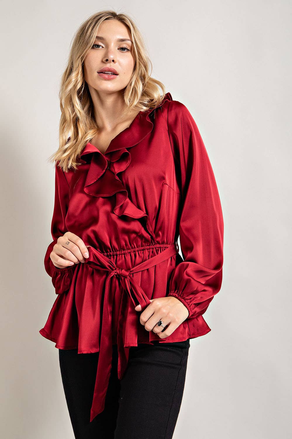 RUFFLED SATIN TOP WITH SELF TIE BELT