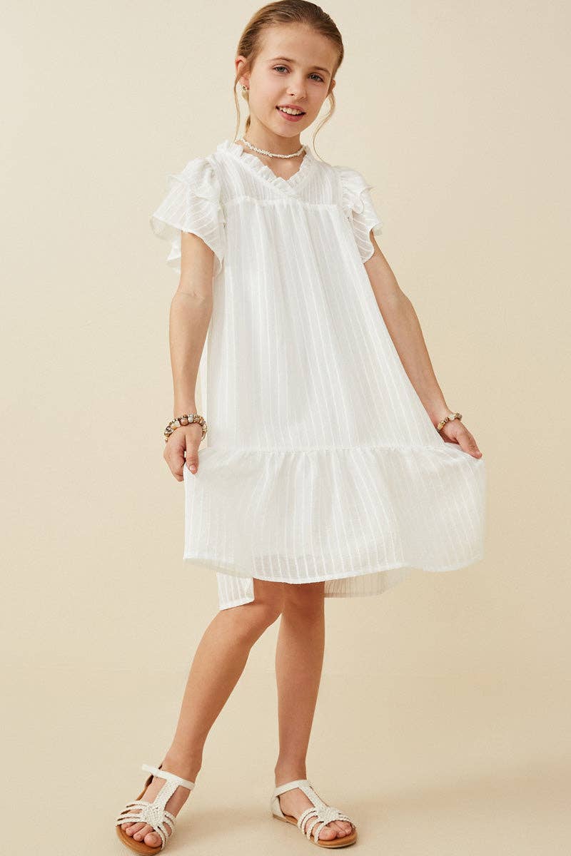 Girls Texture Striped Ruffle Sleeve V Neck Dress