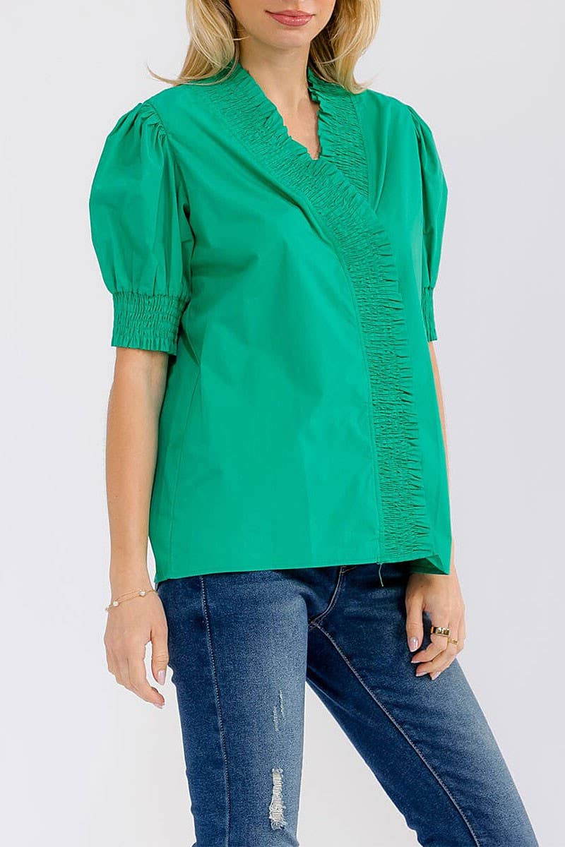 SHORT PUFF SLEEVE V-NECK RUFFLE BLOUSE