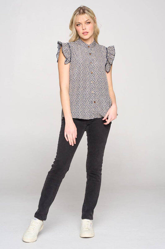 Tiny Floral Print Ruffled Sleeves Blouse
