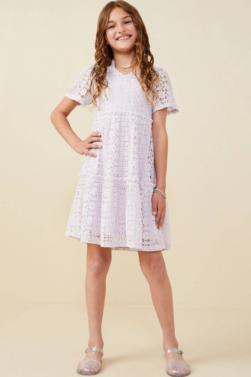 Girls Ruffle V Neck Tiered Floral Lace Dress
