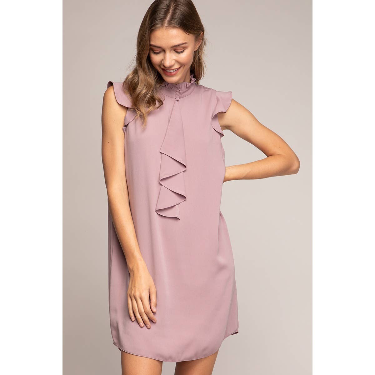Cascade Ruffle Front Mock Neck Dress