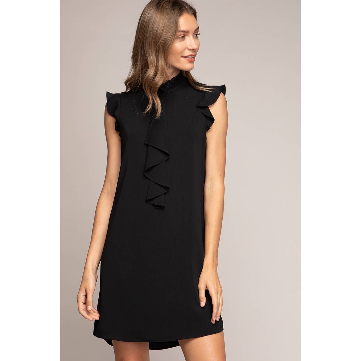 Cascade Ruffle Front Mock Neck Dress