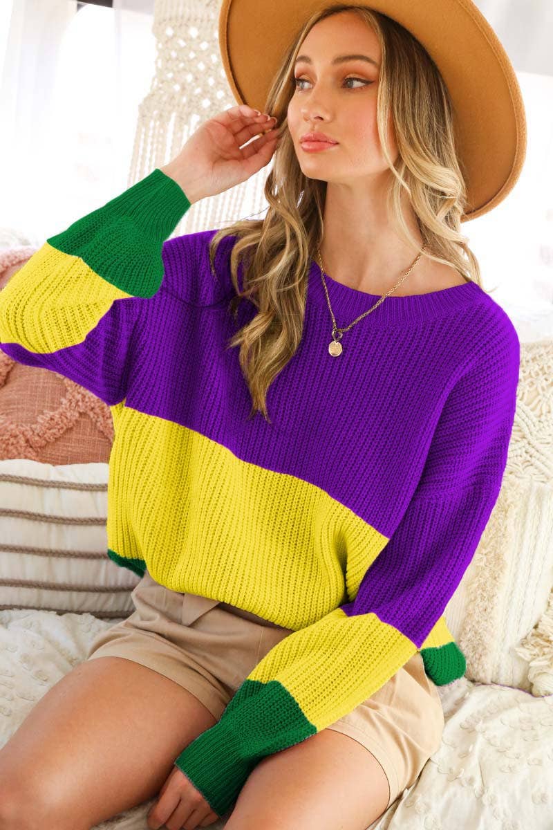 Color block Mardi Gras Round Neck Knitted Sweater