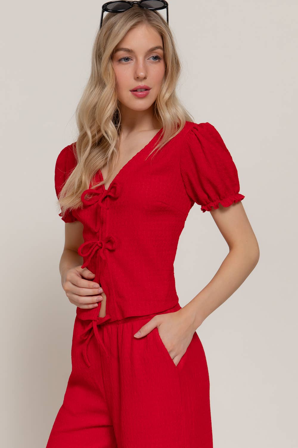 Short Sleeve V-Neck with Tie Top & Texture Knit Pants Set