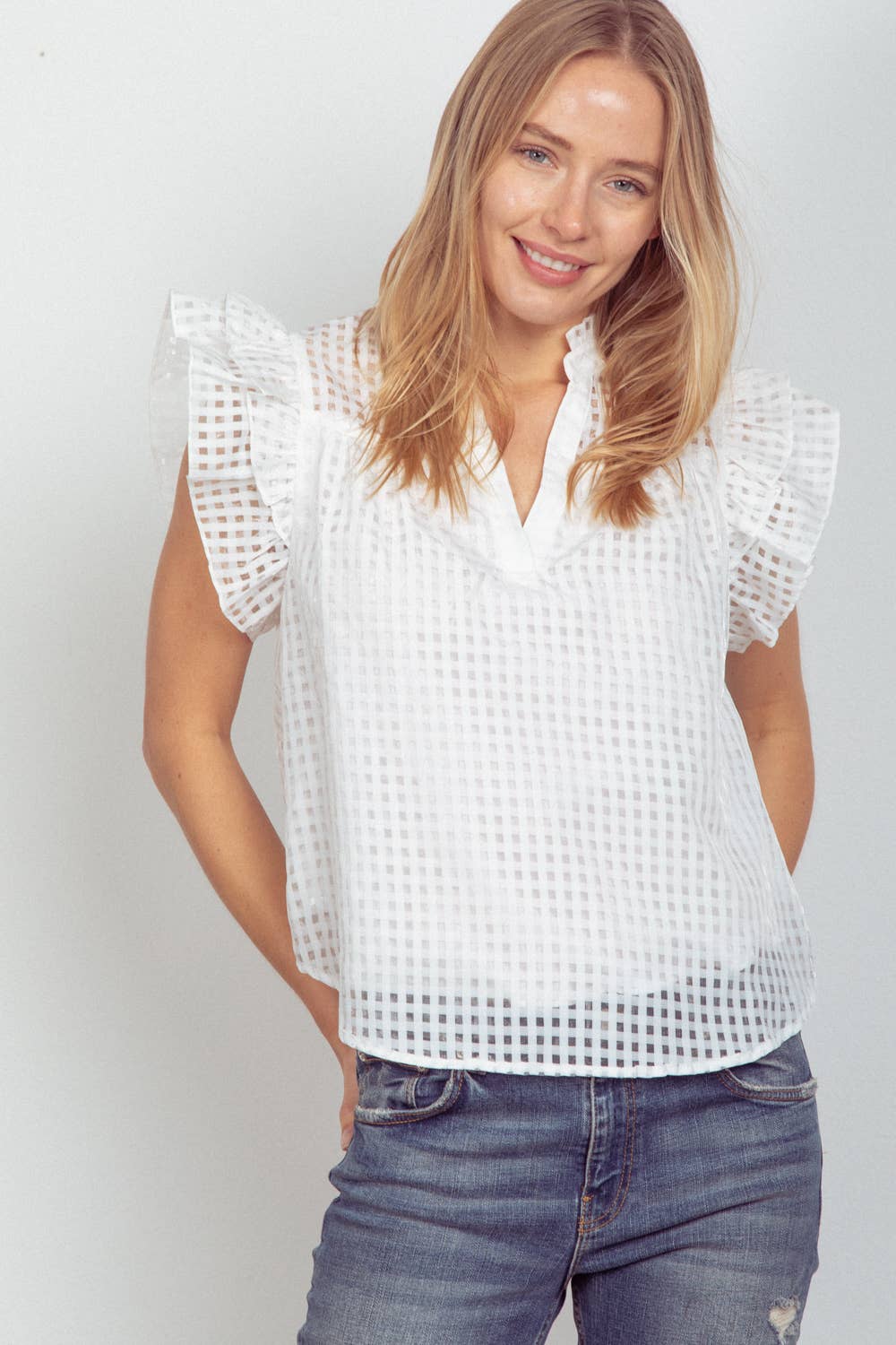 Checkered Organza Ruffled Blouse Top