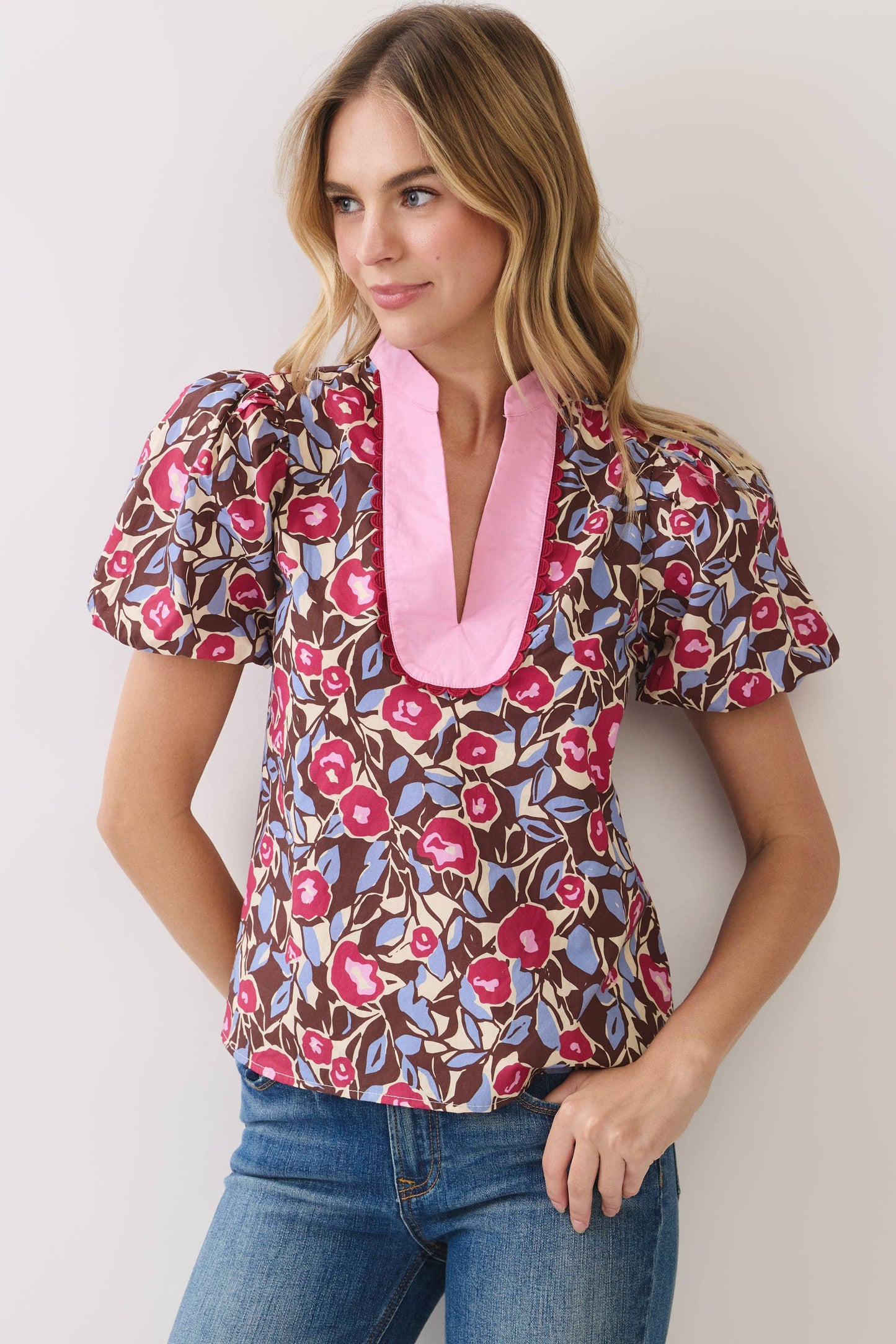 Floral Print Contrast Trim Detail Puff Sleeve Top