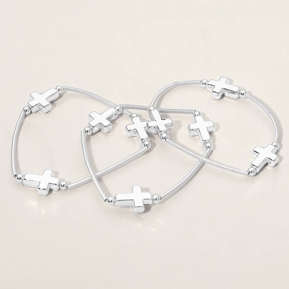 3PCS - Metal Cross Station Stretch Multi Layered Bracelets: Rhodium