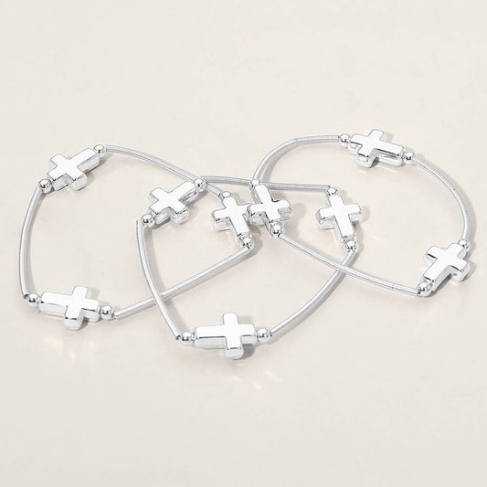 3PCS - Metal Cross Station Stretch Multi Layered Bracelets: Rhodium