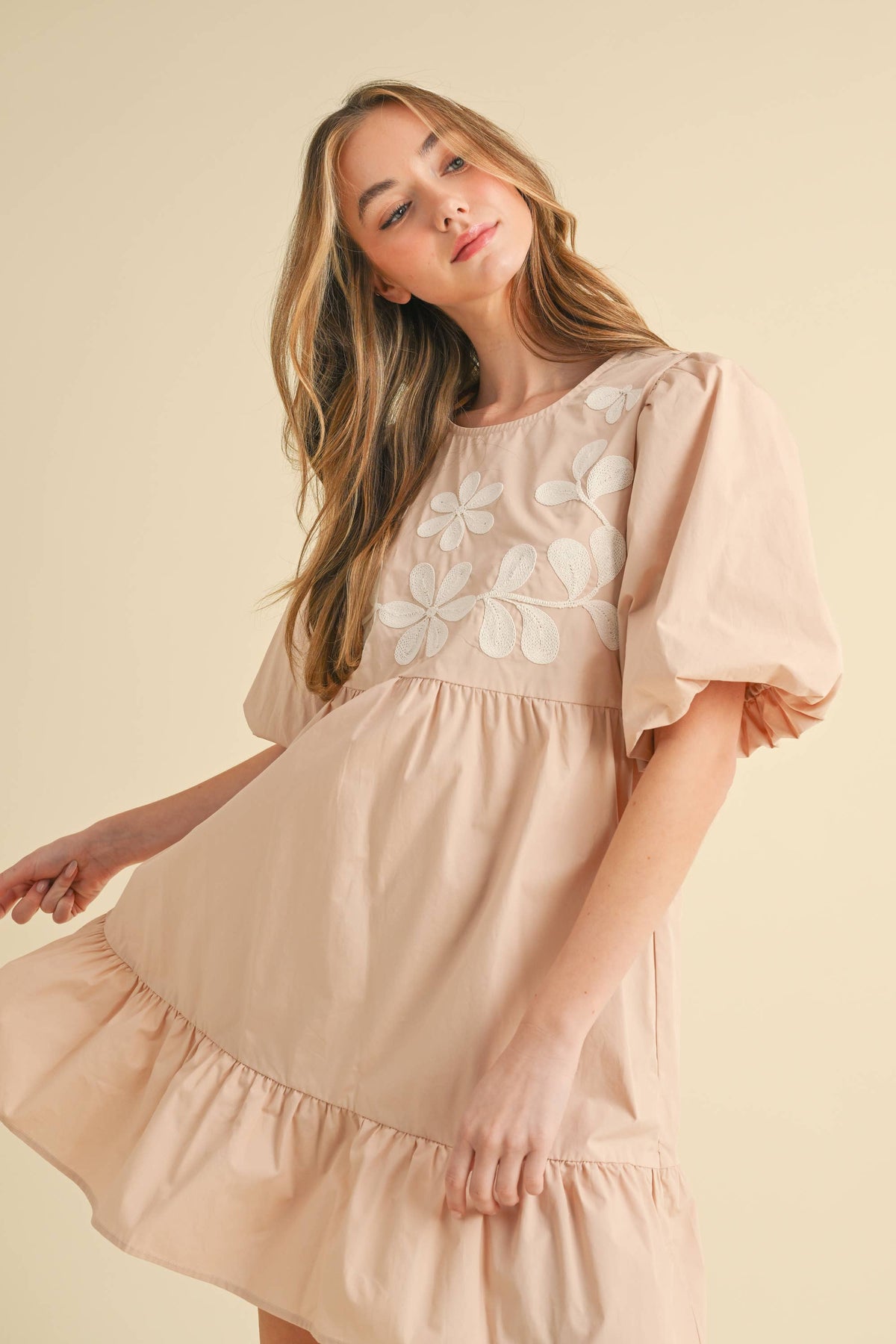 Almond DOUBLE PUFF SLEEVE SHIRRED A-LINE MIDI DRESS