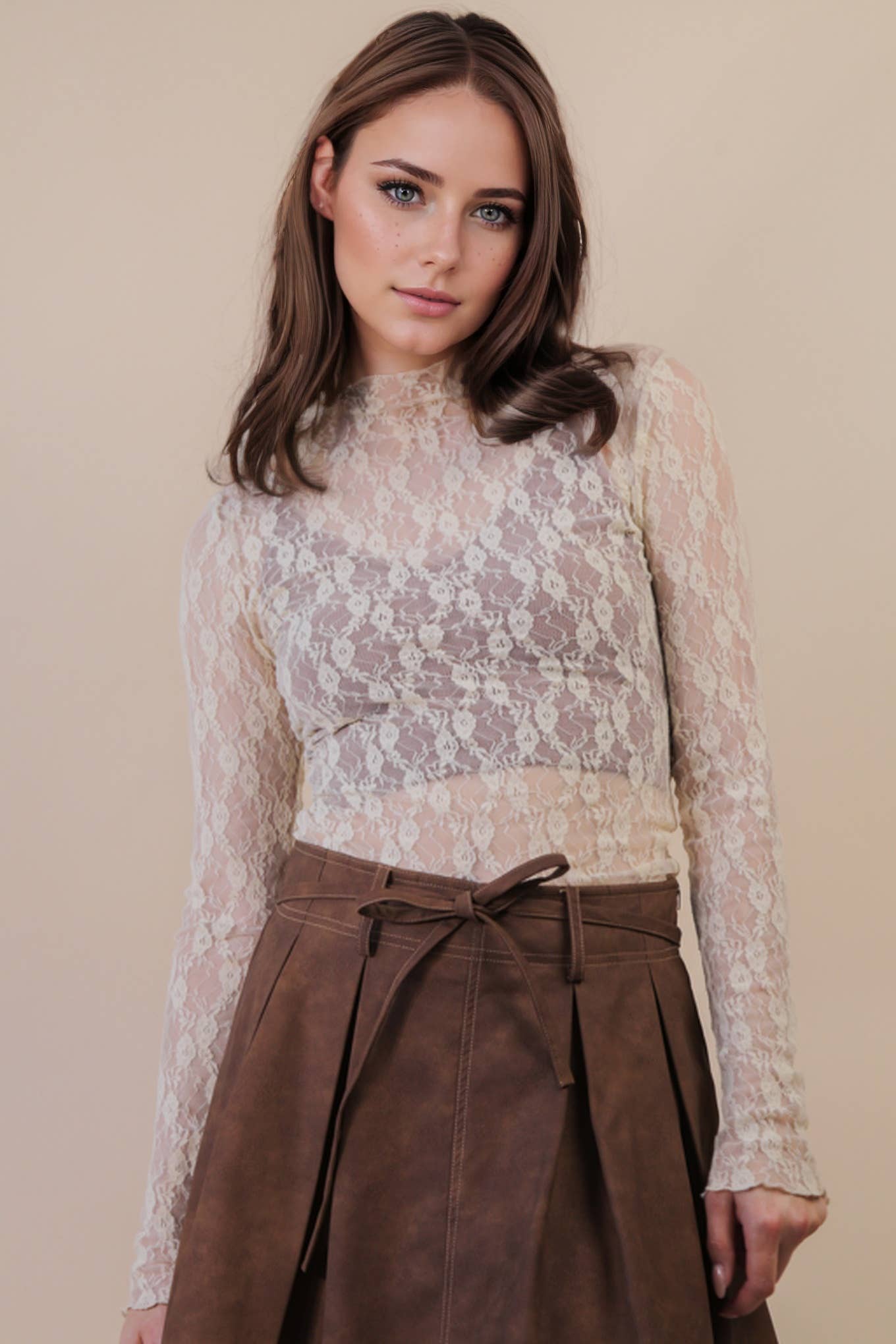 High Neck Fitted Sheer Mesh Lace Knit Top ~ Champagne