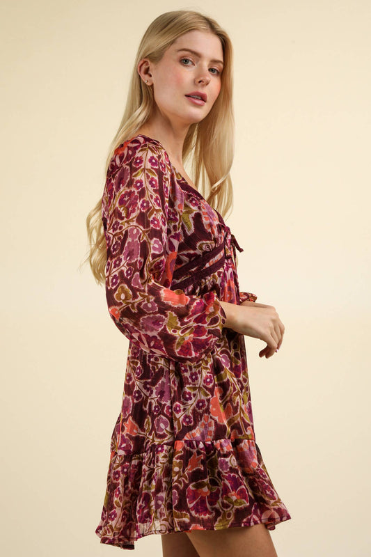 Burgundy Lace trim Detail Printed Dress