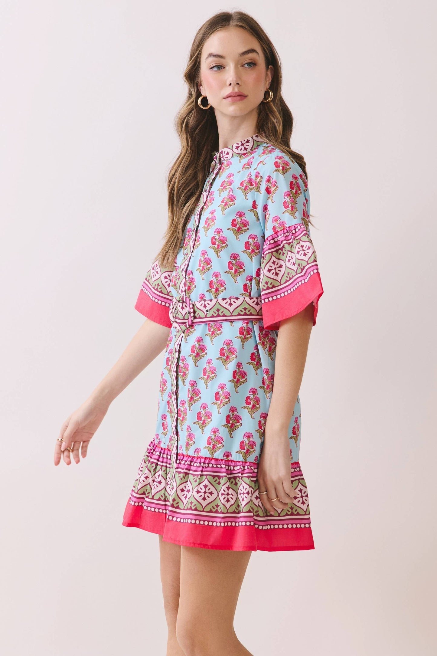 Printed Belted Mini Dress with Contrast Border