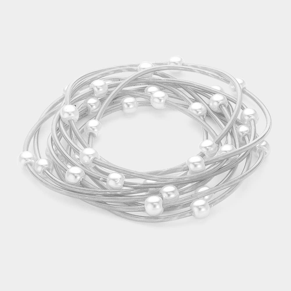 10PCS - Pearl Station Stretch Multi Layered Bracelets: Rhodium,White