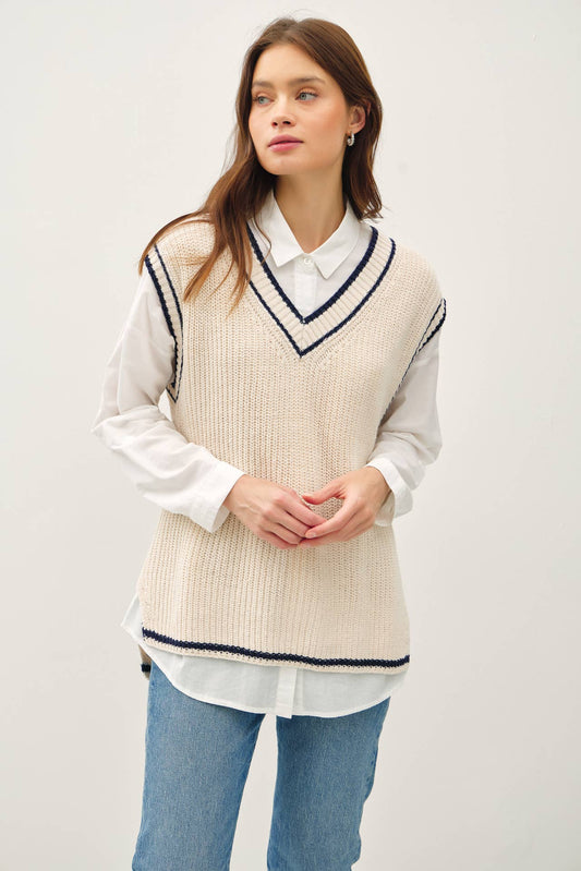 VARSITY STYLE SWEATER VEST WITH ACCENT STRIPE