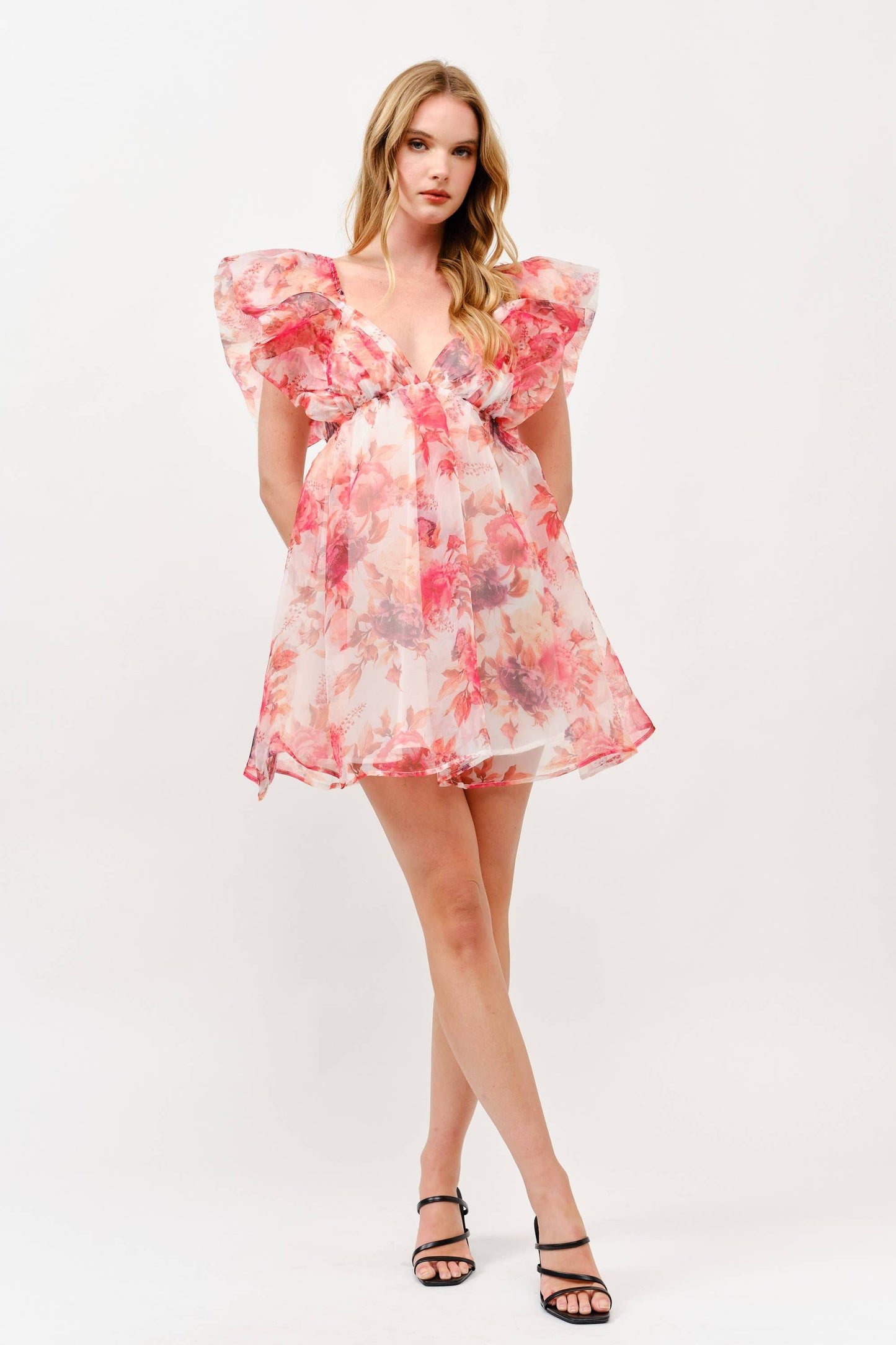 Pink Floral Chiffon Mini Dress with Ruffle Sleeves