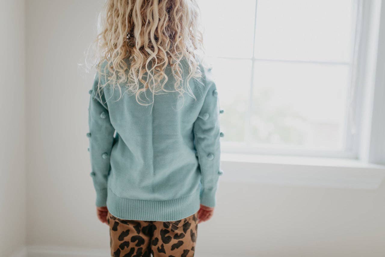 Kids Teal Pom Pom Scalloped Crew Neck Sweater