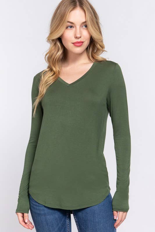 Long Sleeve V-neck Rayon Spandex Jersey Top