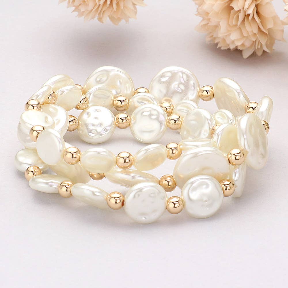 3PCS - Pearl Disc Beaded Stretch Multi Layered Bracelets