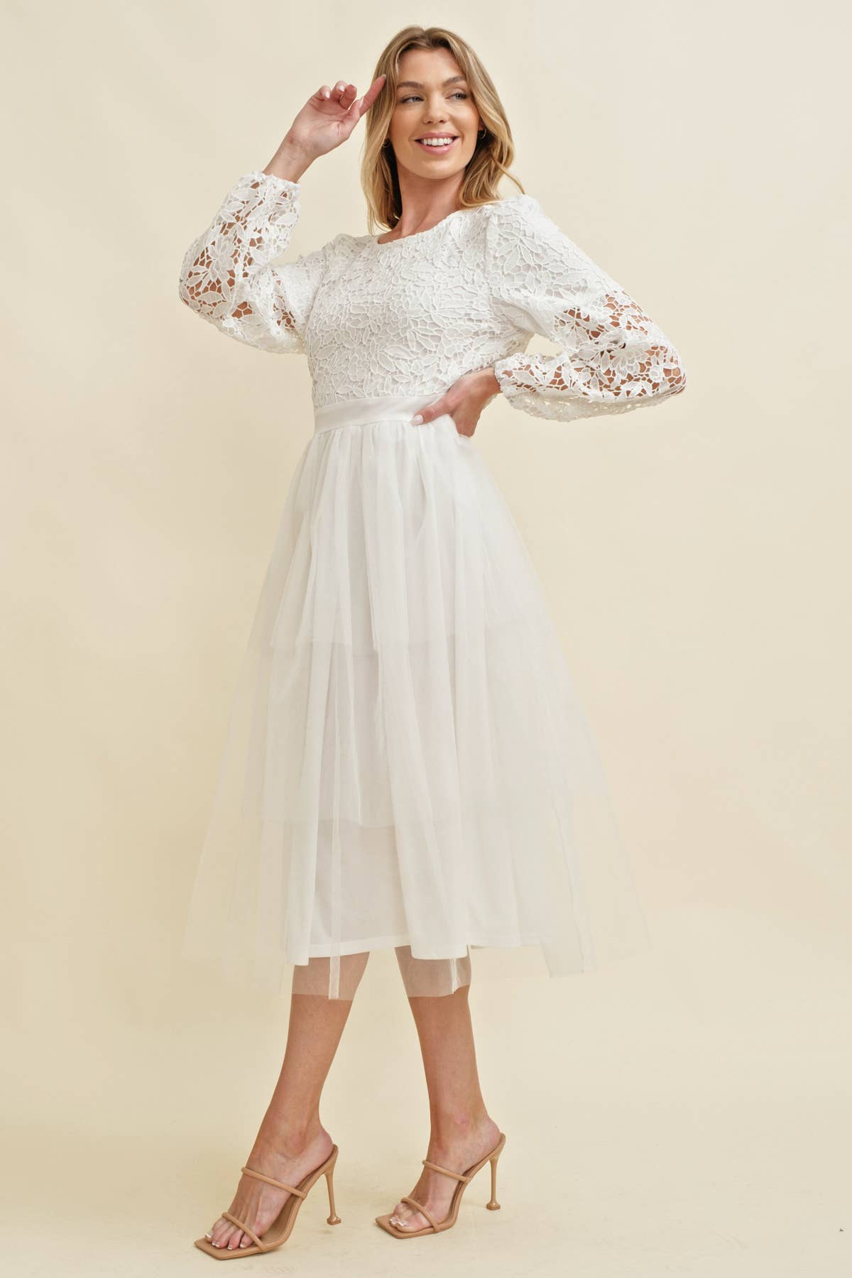 LACE LONG SLEEVE TULLE MIDI DRESS