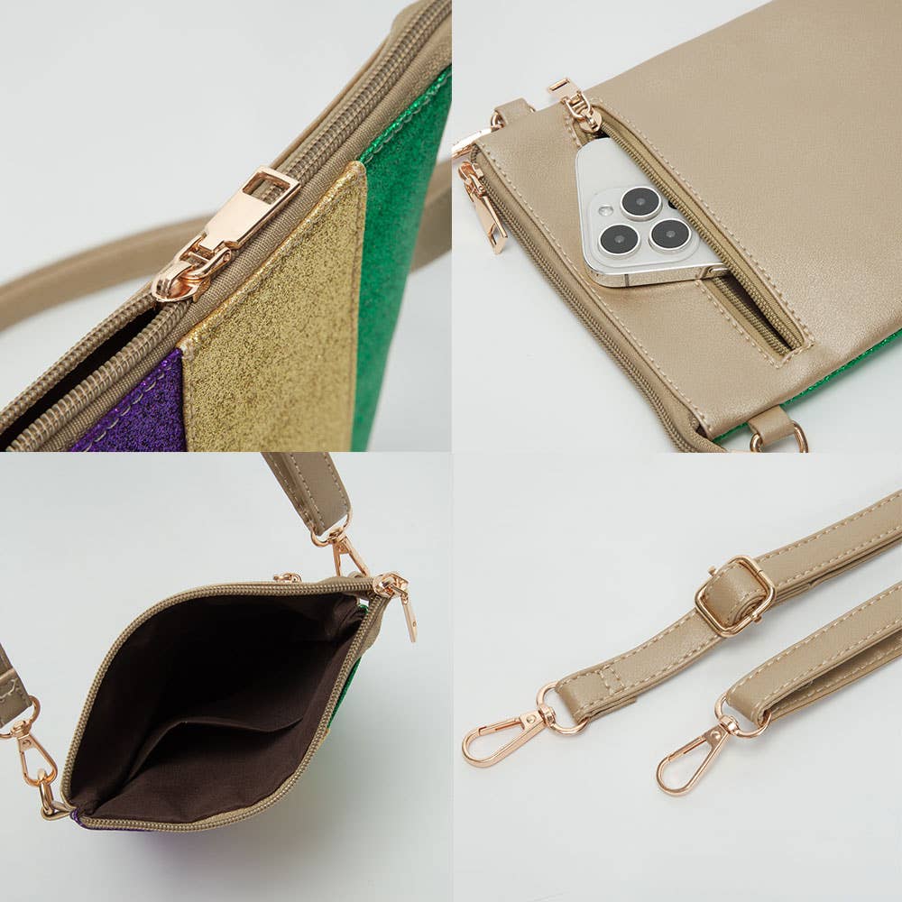 Glittered Vertical Strip Mardi Gras Flat Mini Crossbody Bag: Gold