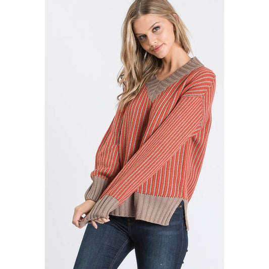 CONTRAST VERTICAL STRIPE V NECK PULLOVER SWEATER ~ Orange