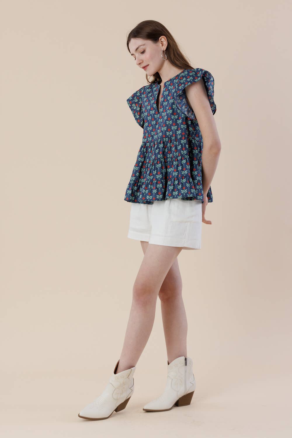 Floral Flutter Sleeve Tiered Blouse with Split Neck