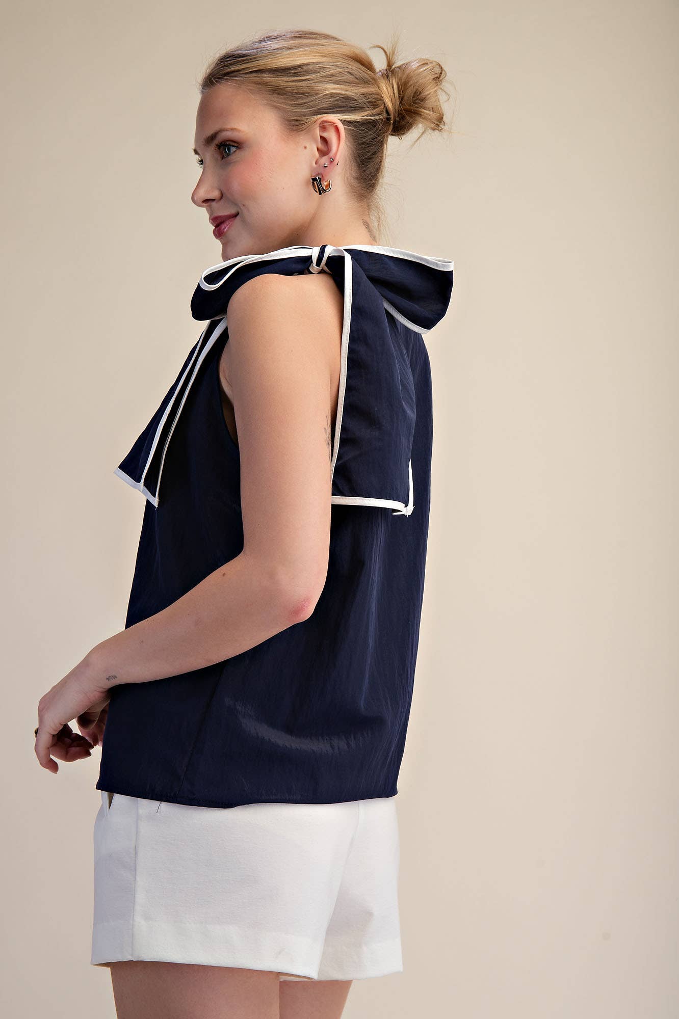 Asymmetric Pleated Shoulder Contrasting Bow Top
