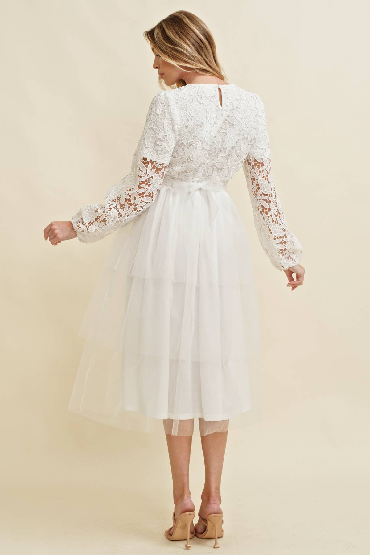 LACE LONG SLEEVE TULLE MIDI DRESS