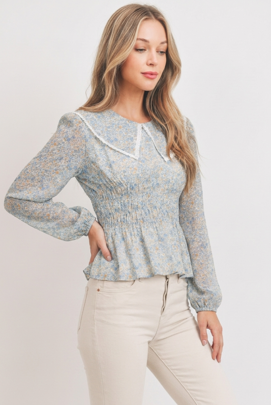 Floral Print Blouse with Lace Collar