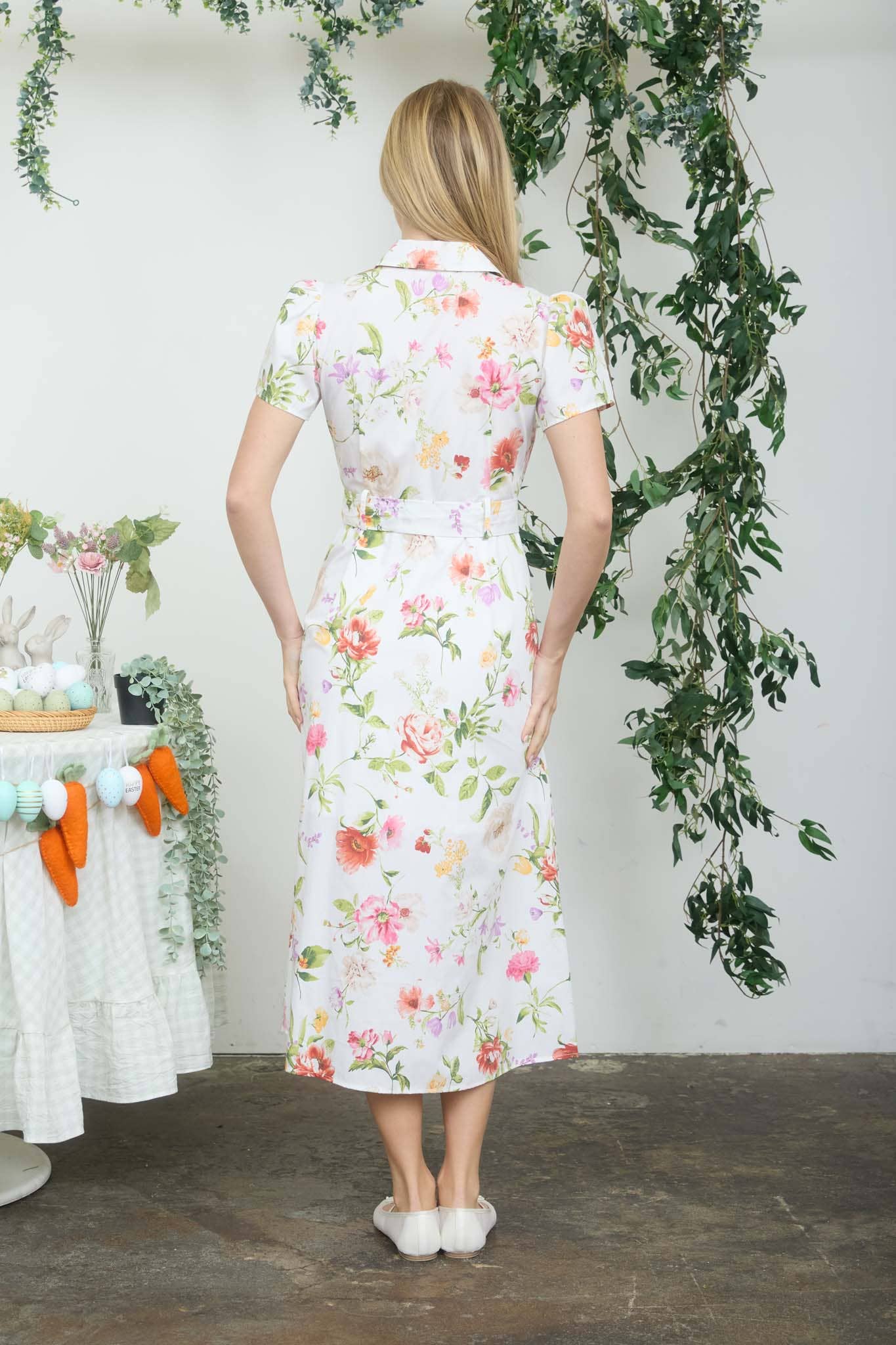 FLORAL SHORT SLEEVE BELTED MIDI SHIRT DRESS