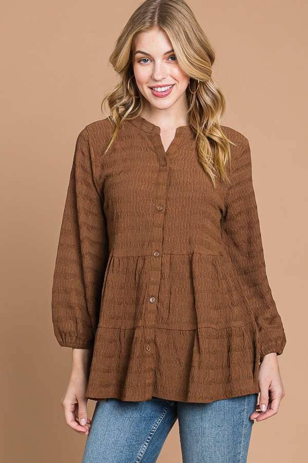 BUTTON DOWN TIERED 3/4 SLV BLOUSE