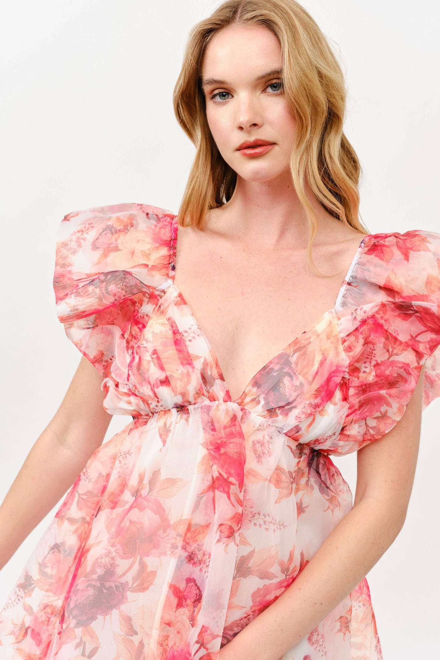 Pink Floral Chiffon Mini Dress with Ruffle Sleeves