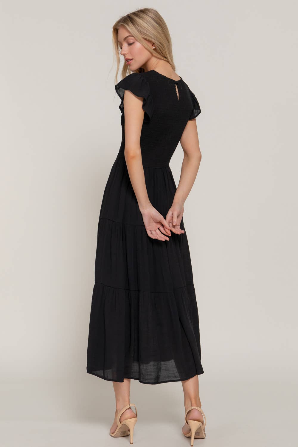 Ruffle Sleeve Crew Neck Smocked Detail Dress