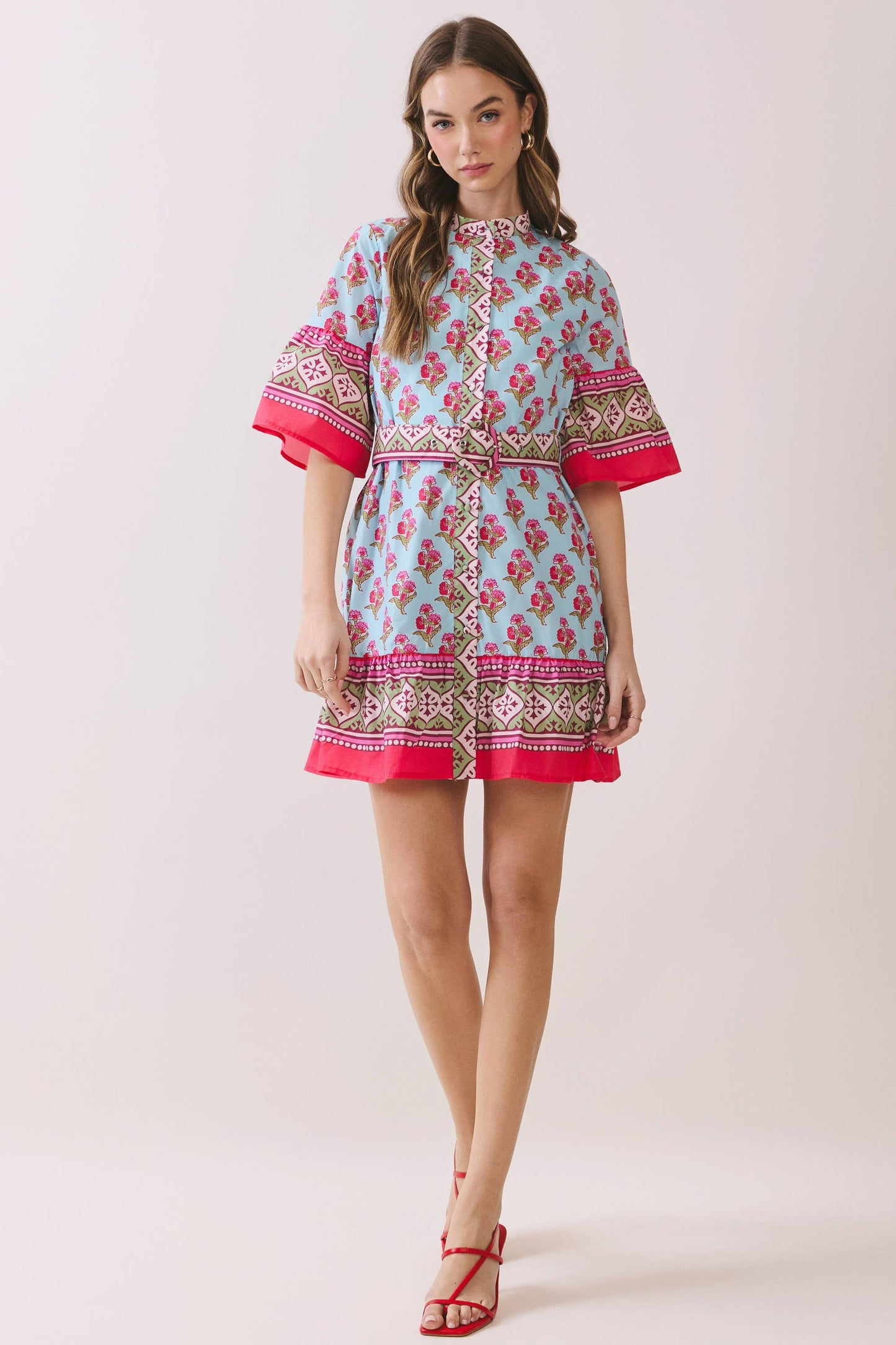 Printed Belted Mini Dress with Contrast Border
