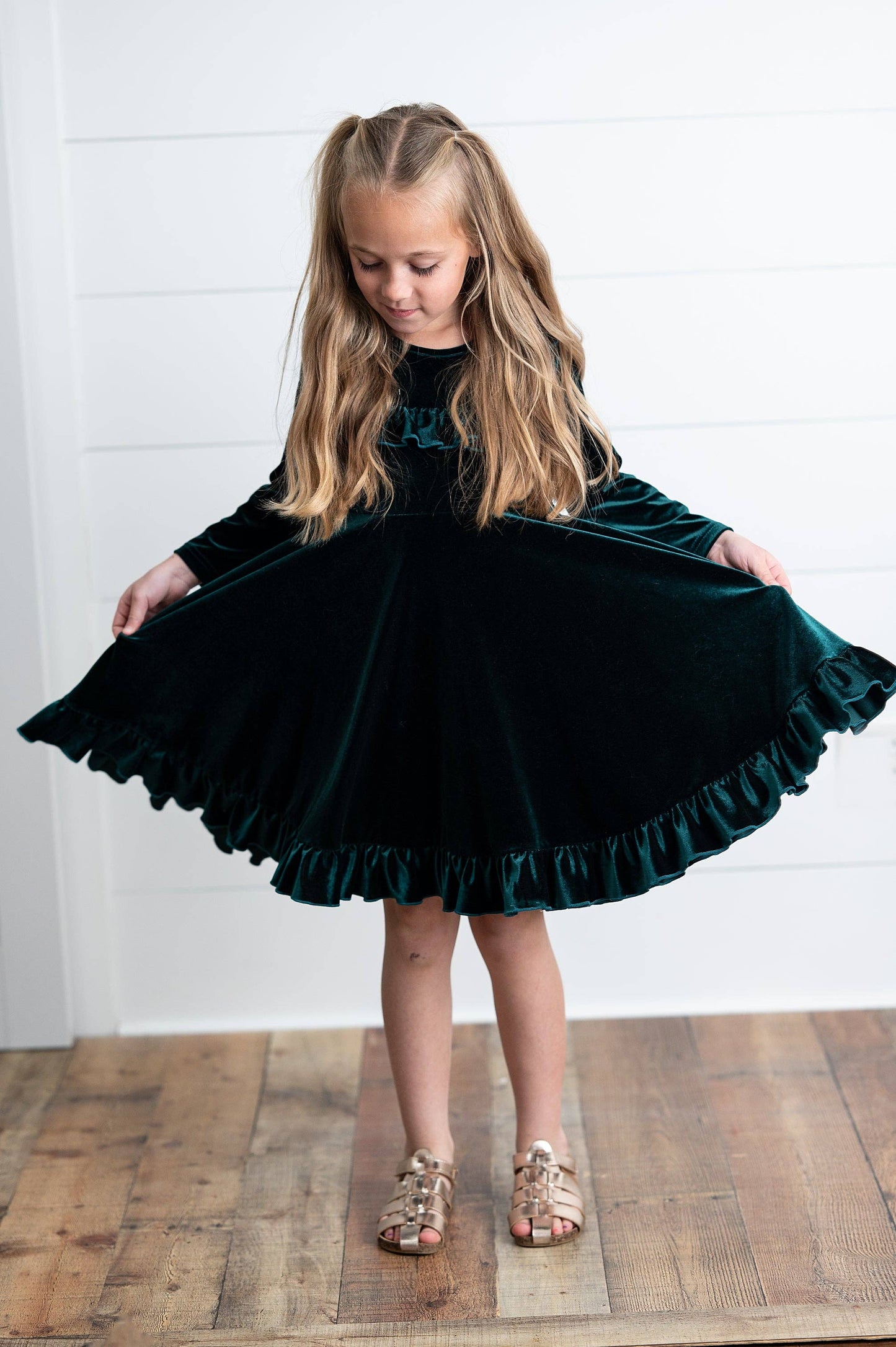 Kids Emerald Green Velvet Ruffle Dress