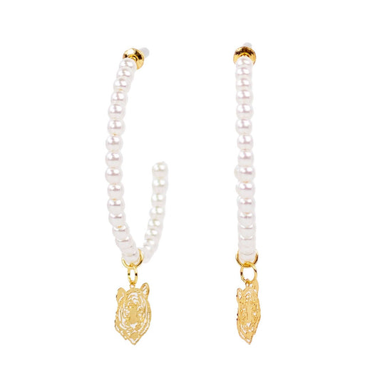 Tiger Pearl Hoop Earrings  1.5"