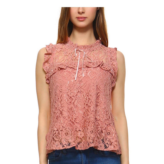 WOMENS PLAIN SLEEVELESS ROUND NECK LACE BLOUSE