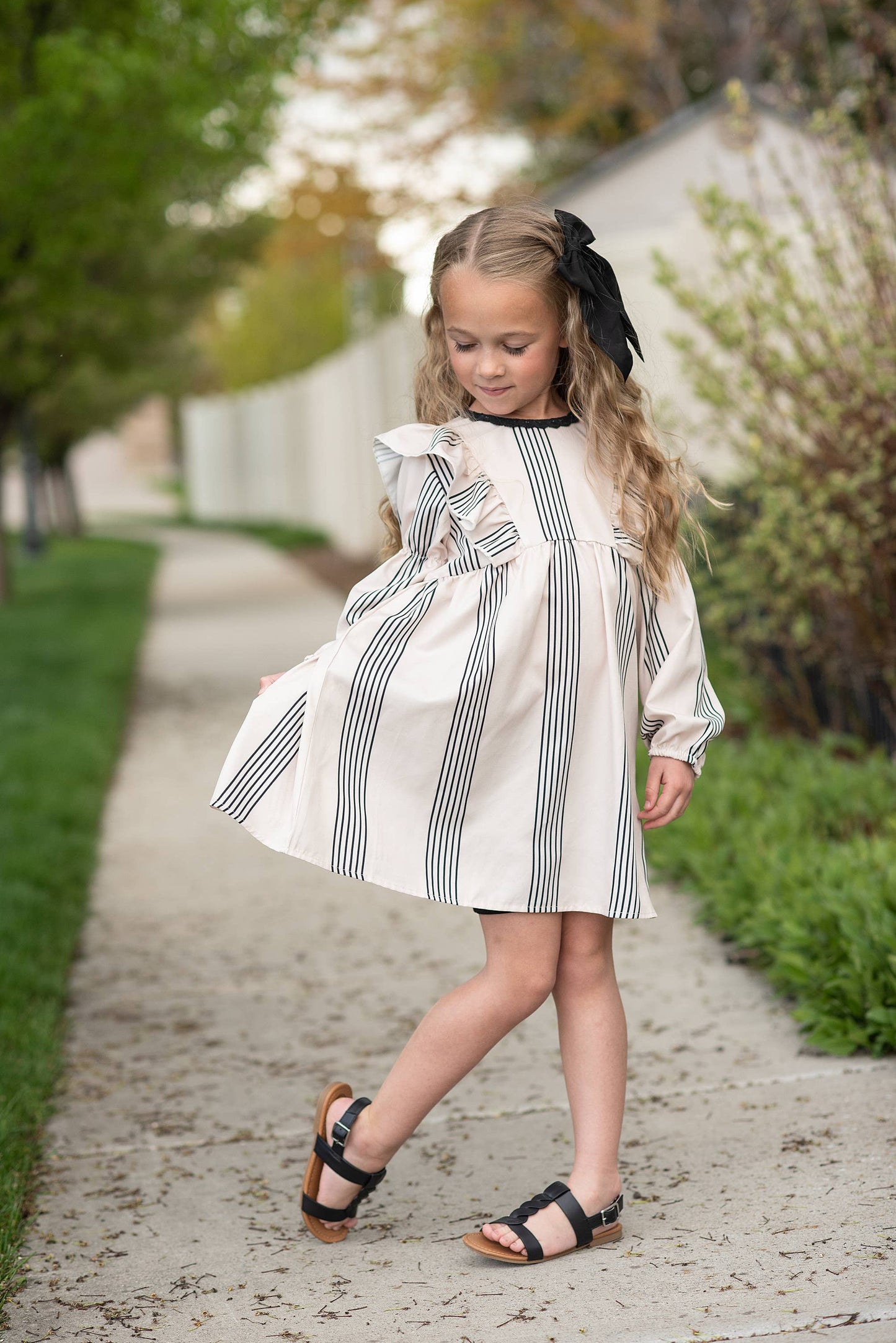 Kids Stripe Long Puff Sleeve Dress