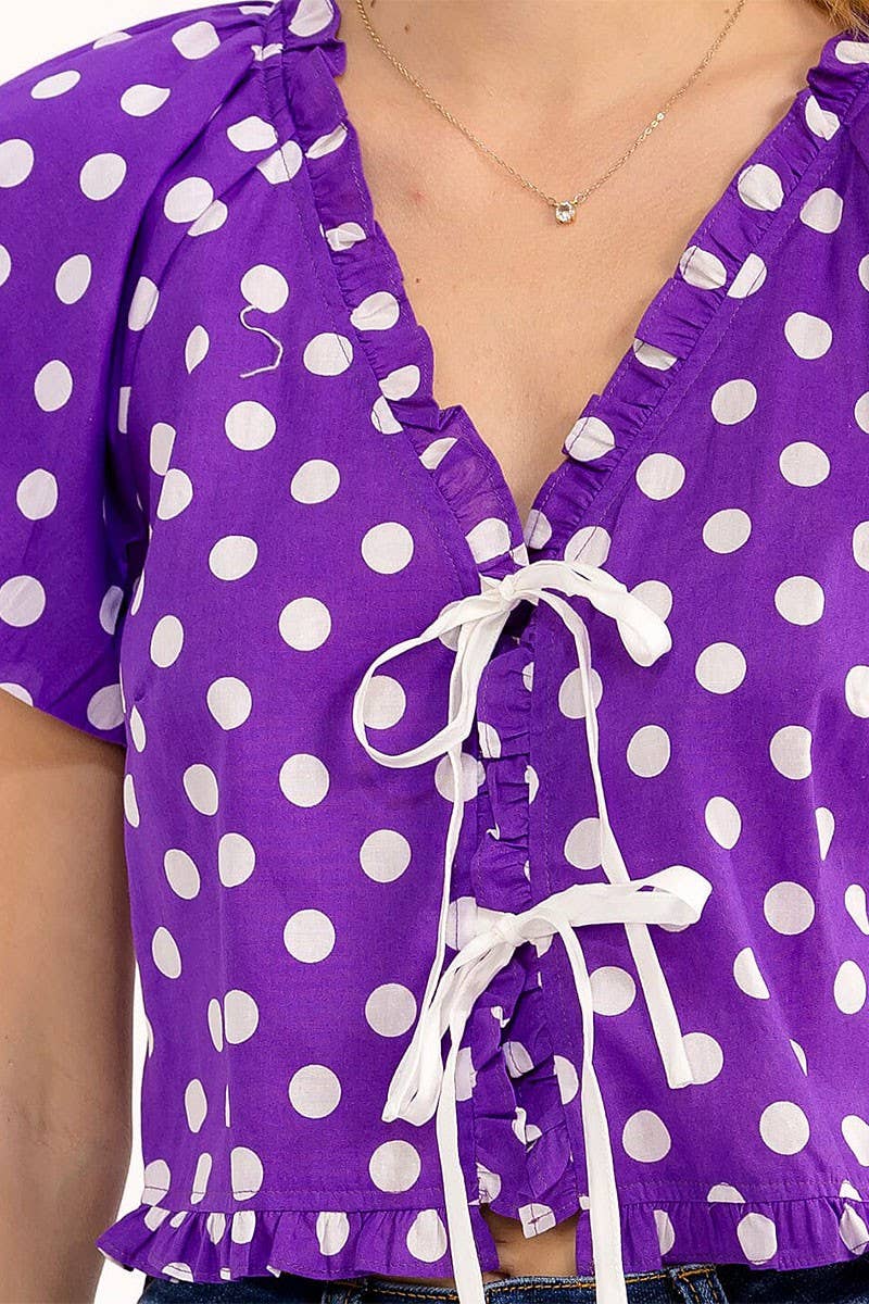 SHORT PUFF SLEEVE V-NECK FRONT TIE POLKA DOTS BLOUSE