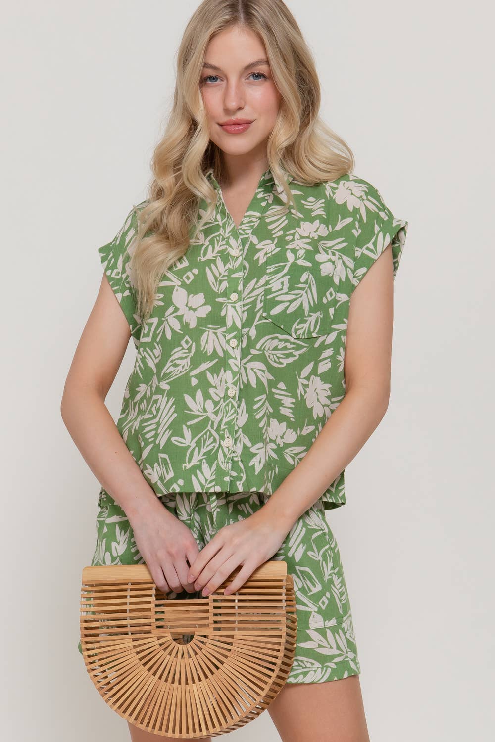Dolman Short Sleeve Shirt & Print Linen Effect Shorts Set