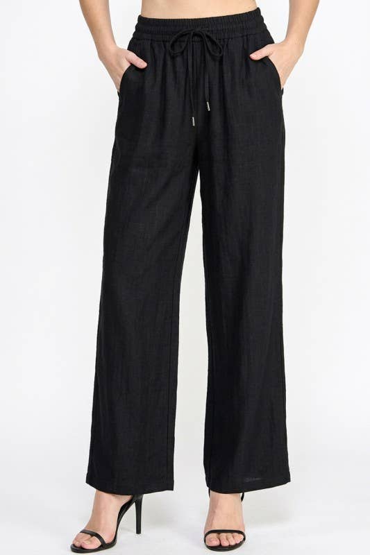 Silky Woven – Drawstring Wide Leg Pants ~ Black