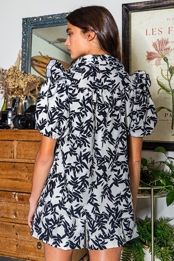 Leaf Print Blouse With Shoulder Ruffles