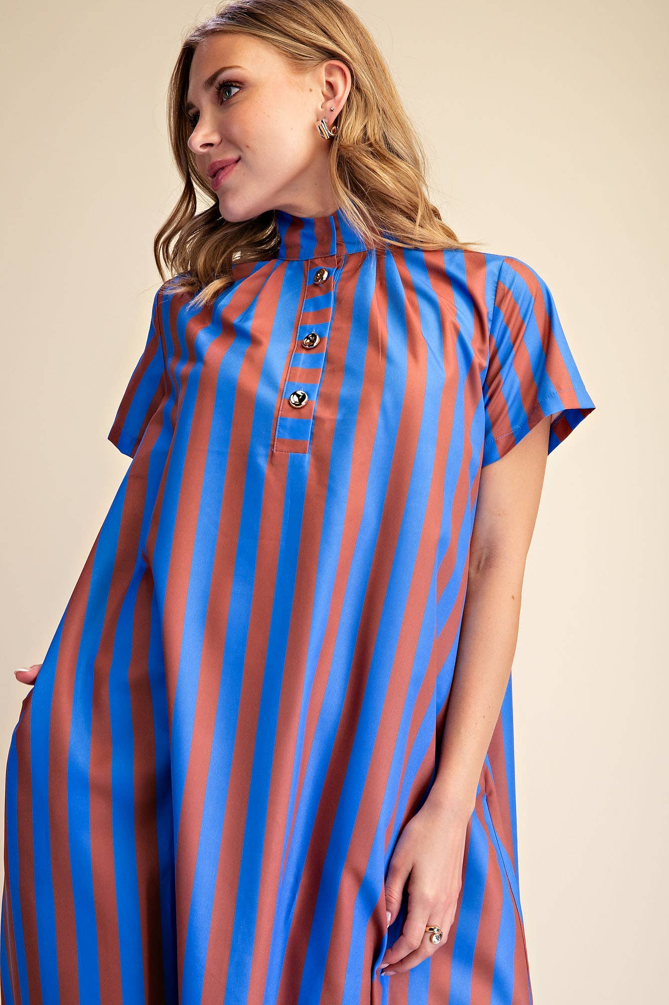 Stand High Neck Stripe Midi Dress