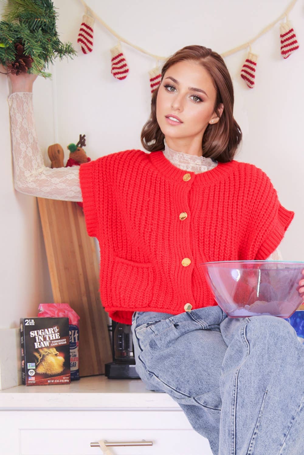 Oversized Button Down Knit Sweater Top ~ Red