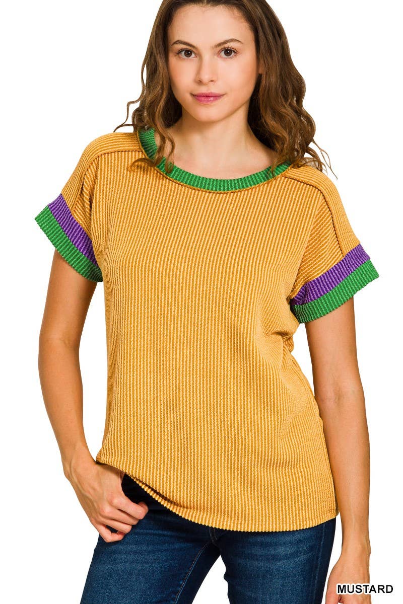 Mardi Gras Raised Rib Contrast Trim Top