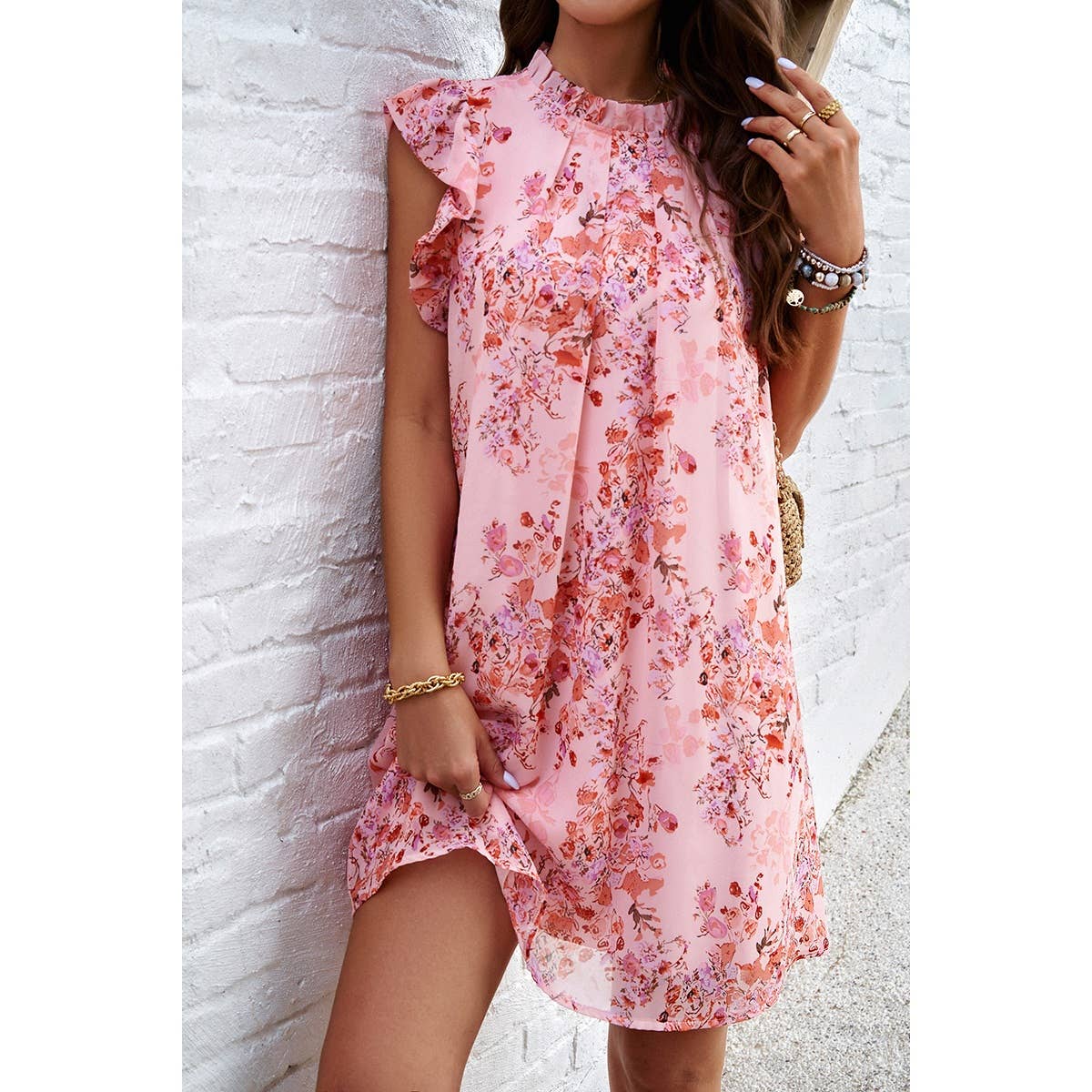 Floral Print Elegant Sleeveless Ruffle A Line Dress