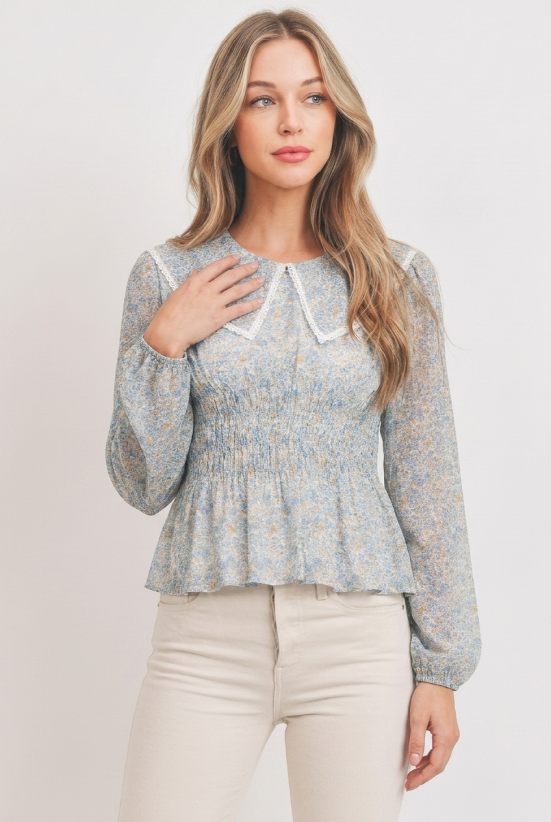 Floral Print Blouse with Lace Collar