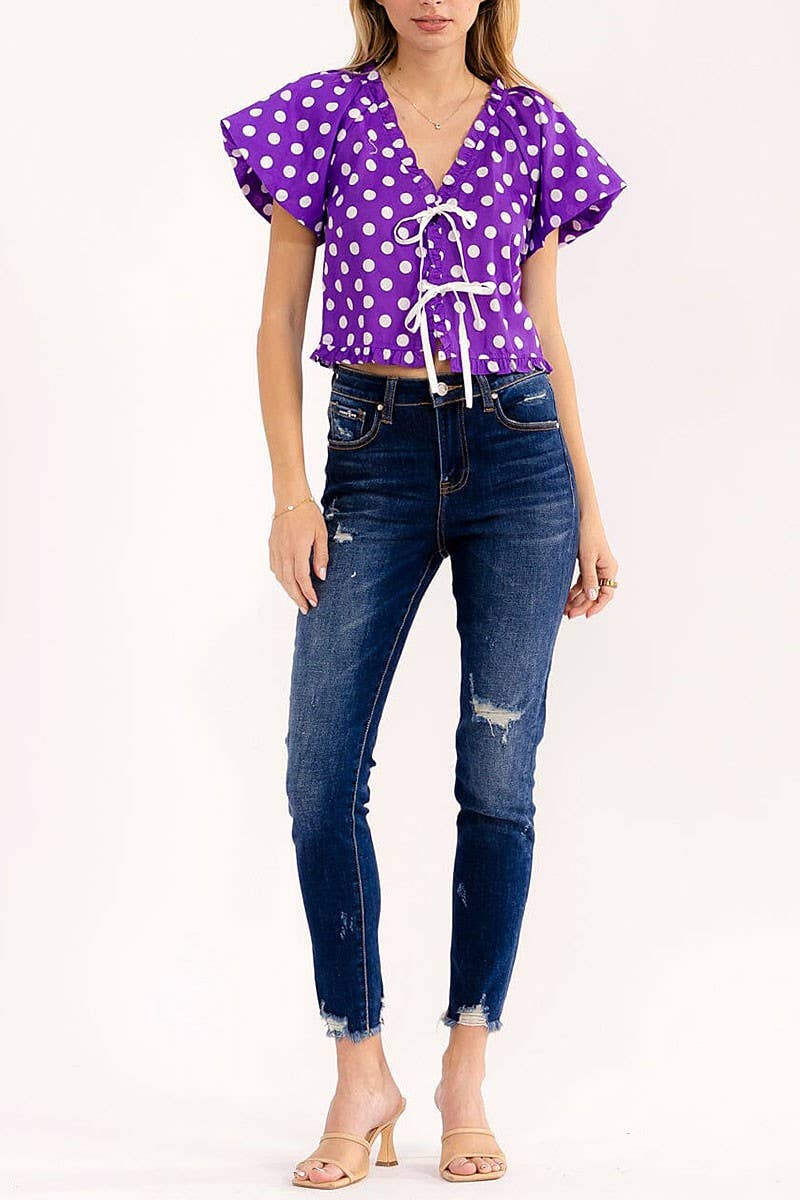 SHORT PUFF SLEEVE V-NECK FRONT TIE POLKA DOTS BLOUSE